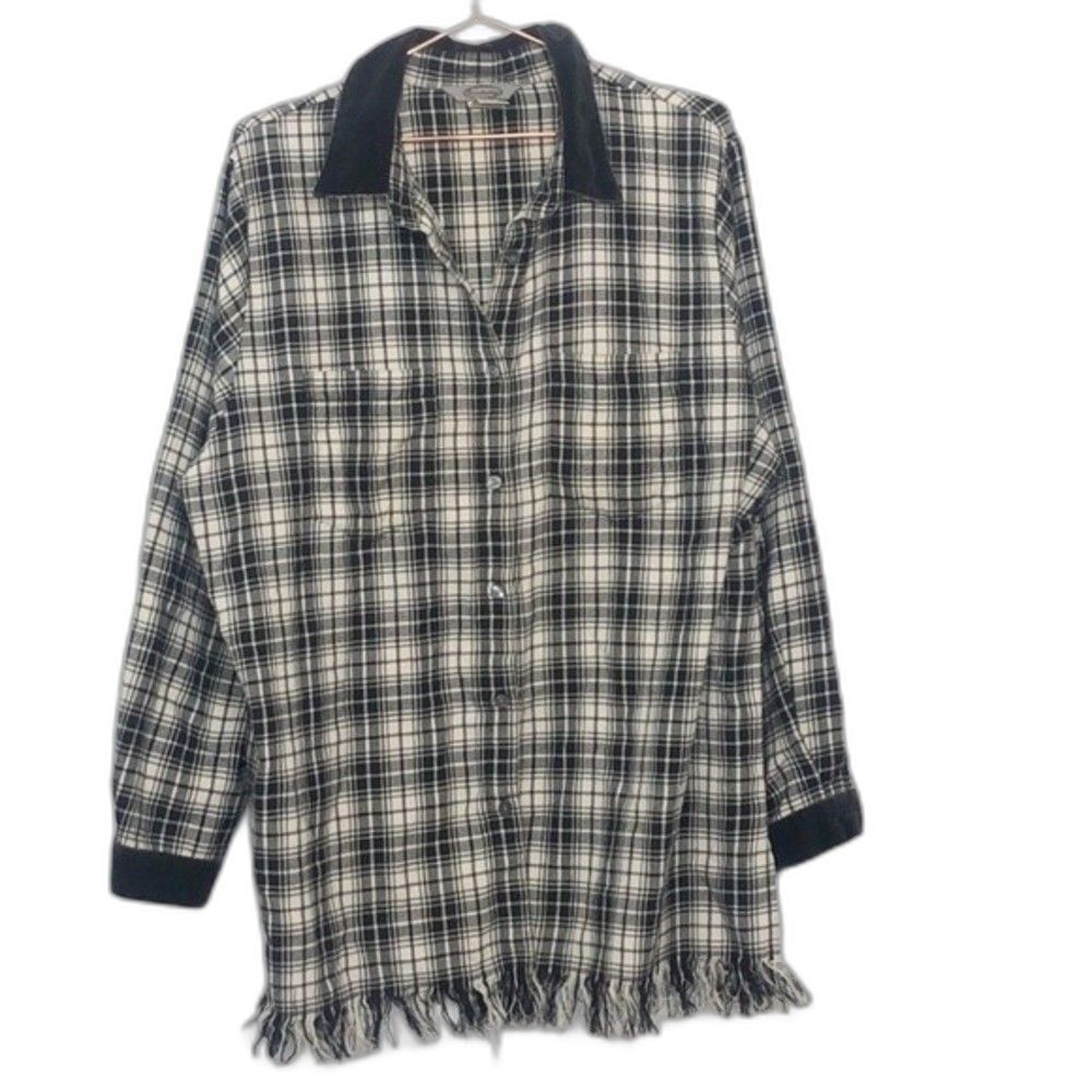 Vintage Stonebridge plaid fringe hem velvet accent button down top EUC 1X 22E